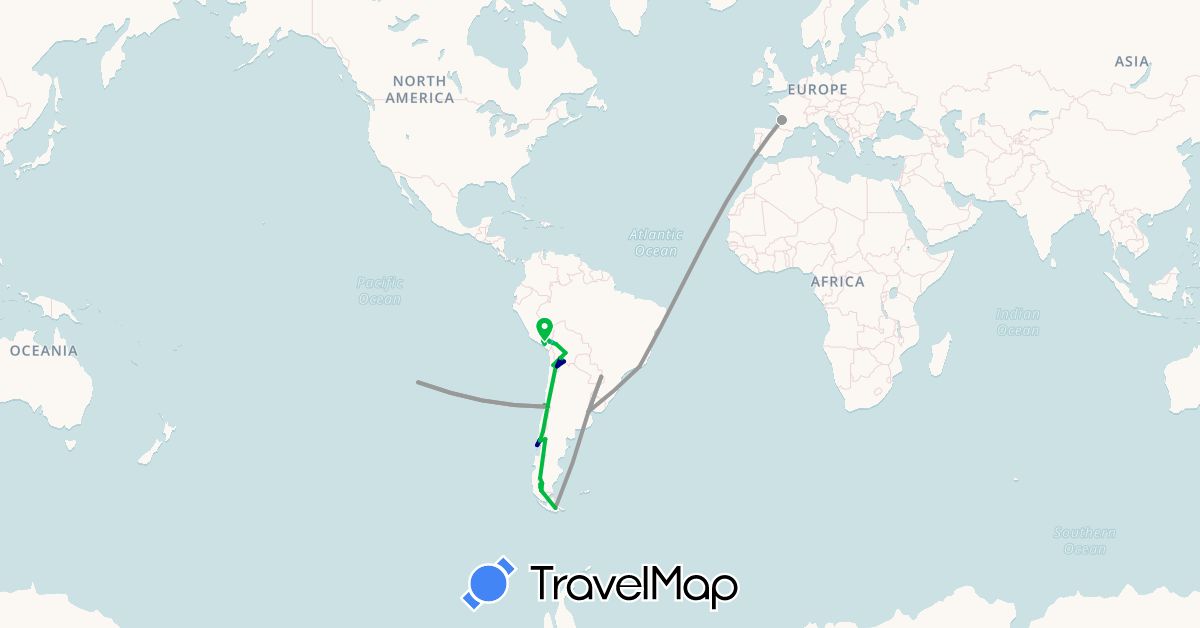 TravelMap itinerary: driving, bus, plane, hiking, boat, hitchhiking in Argentina, Bolivia, Brazil, Chile, France, Peru (Europe, South America)